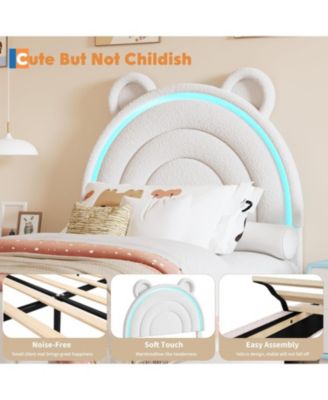 Twin Velvet Bed Frame for Girls, Upholstered Platform Bed with Bear Headboard, LED Lights & 2 Storage Drawers
