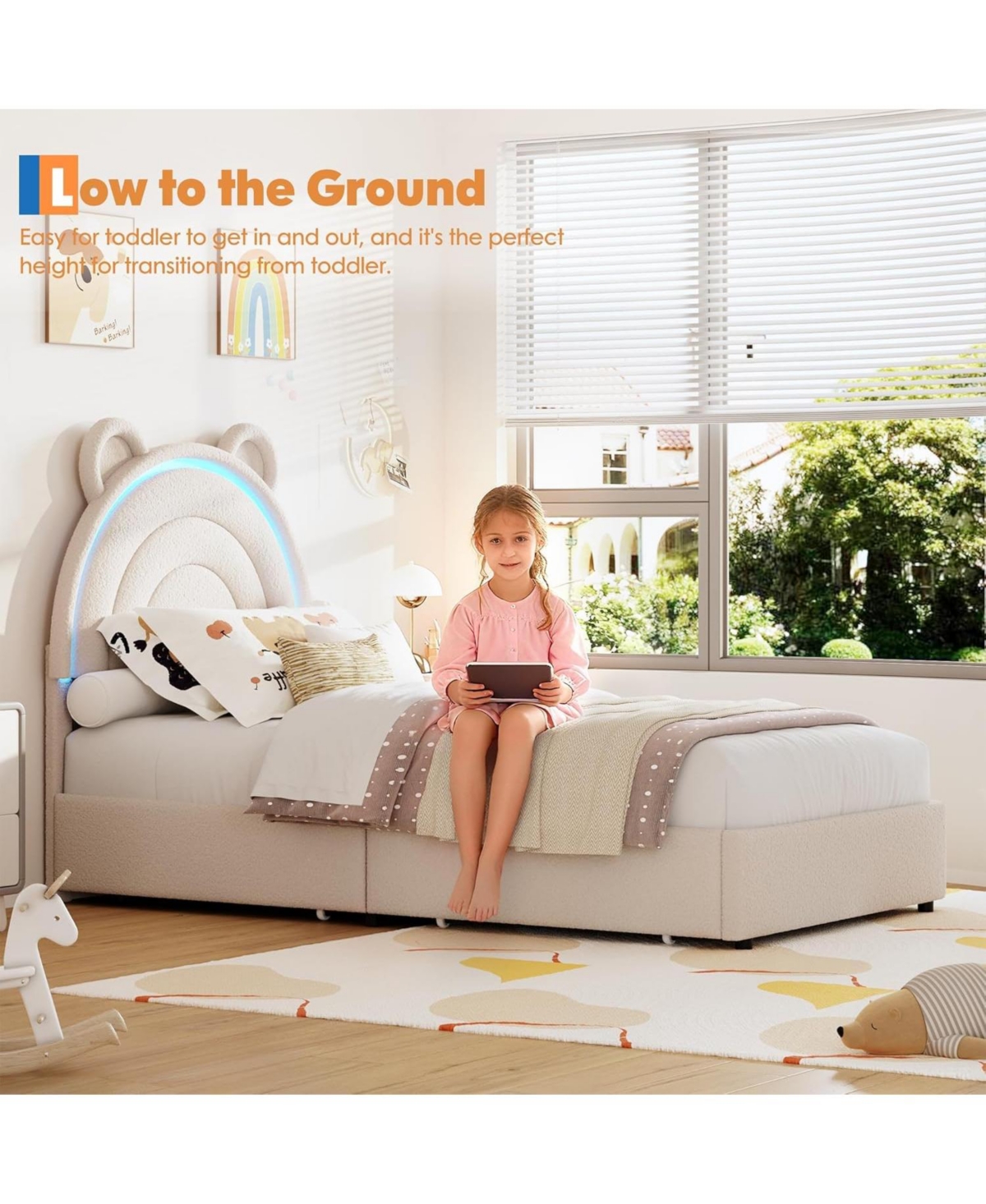 gaomon Twin Velvet Bed Frame for Girls, Upholstered Platform with Bear Headboard, Led Lights & 2 Storage Drawers