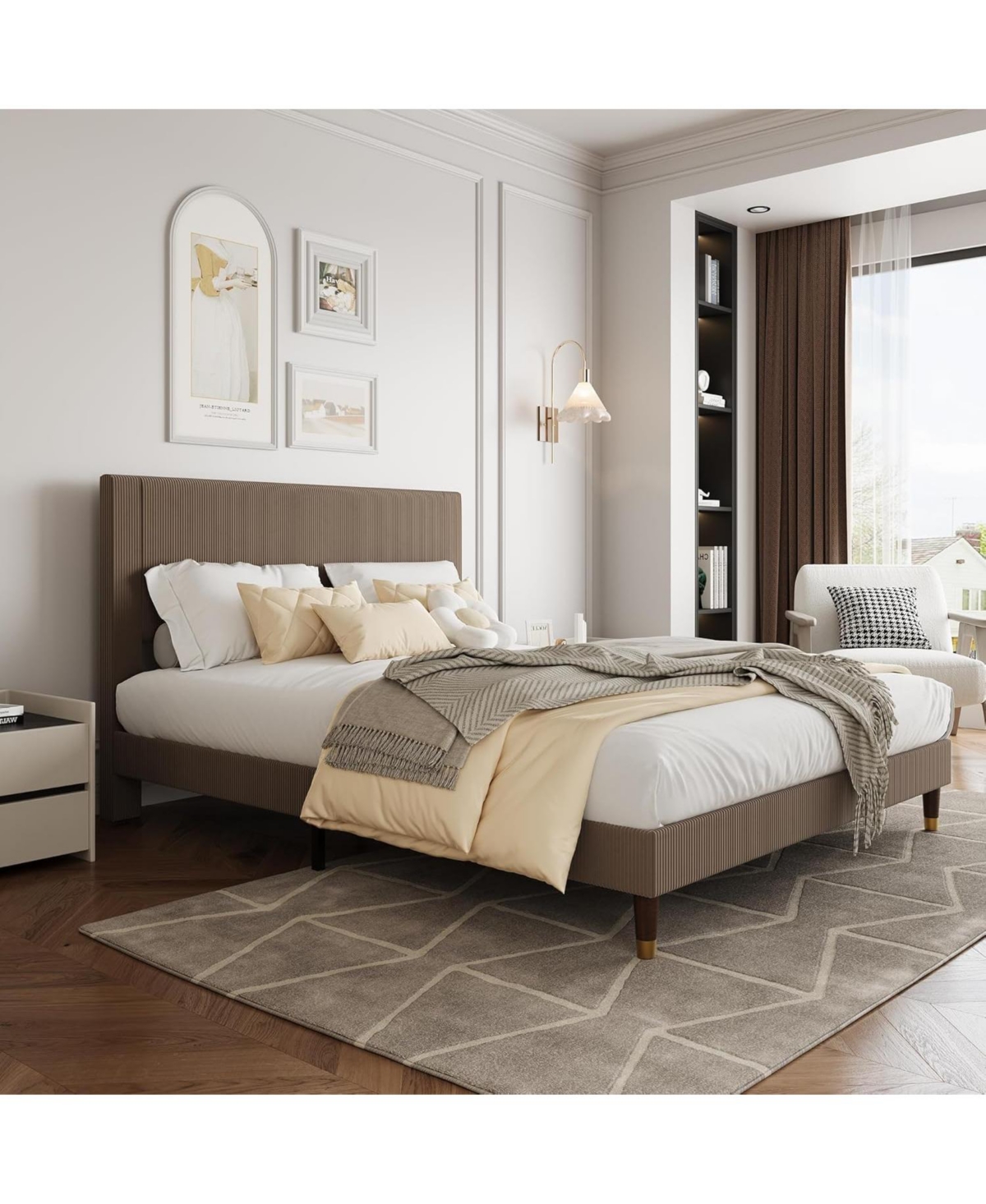 gaomon Full Platform Bed Frame with Headboard, Corduroy Upholstered Bed, Wooden Slats Support