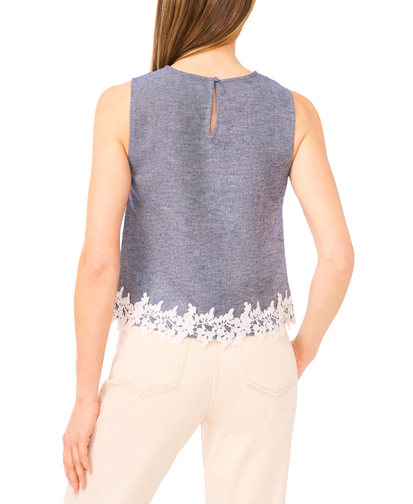 Женский топ CeCe Linen-Blend Sleeveless Lace Hem, цвет: Индиго — фото 4