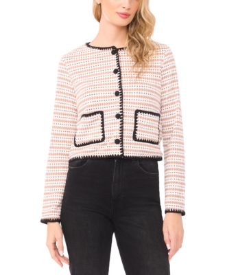 Women's Crochet Detail Long-Sleeve Crew Neck Cardigan