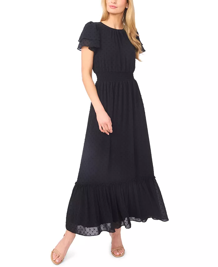 Women's Double Ruffle Short-Sleeve Crew Neck Maxi Dress