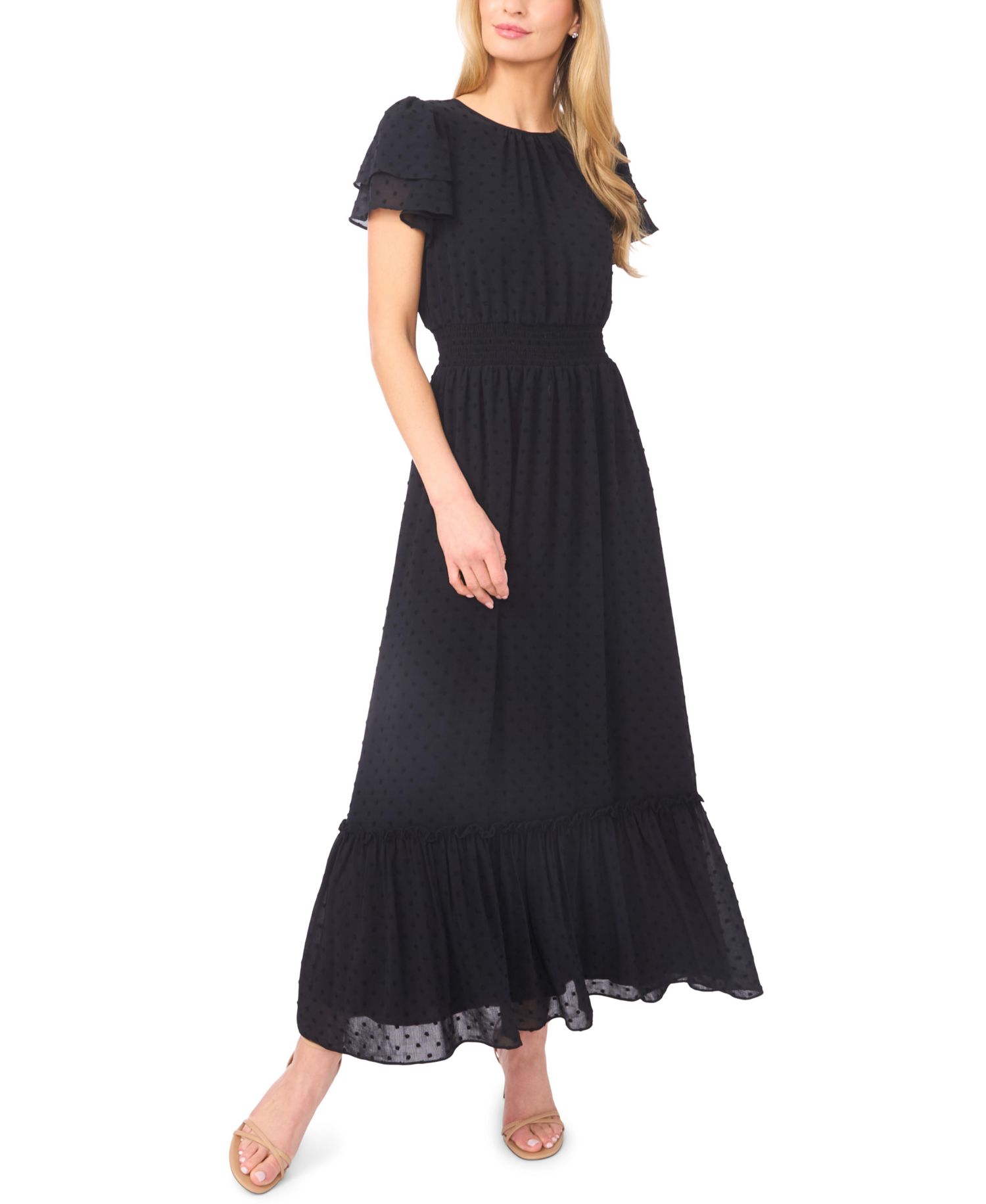 Women's Double Ruffle Short-Sleeve Crew Neck Maxi Dress
