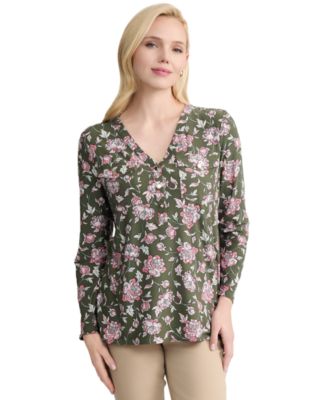 Jones New York Women's Printed Henley V-Neck Top - Macy's
