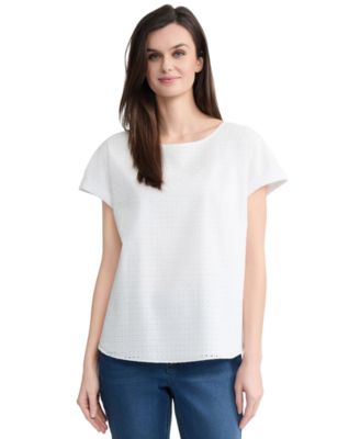 Women's Eyelet Boat Neck Button Detail Top