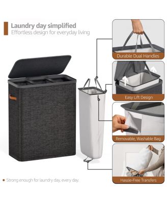 3-Compartment Laundry Basket with Removable Laundry Bag - Durable Organizer for Bathroom, Bedroom, or Laundry Room - Space Saving Design