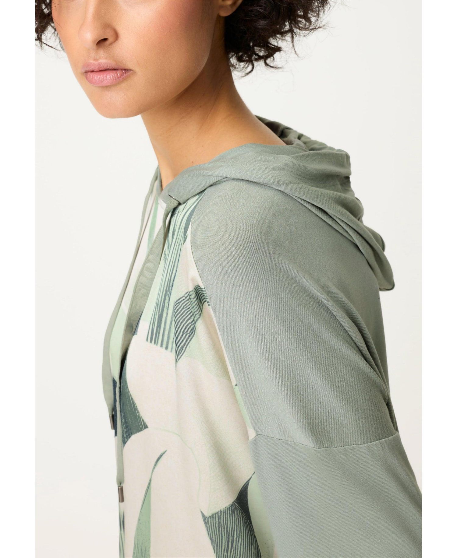 Women's Mixed Media Leaf Print T-Shirt with Hood