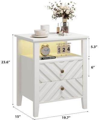 LED Night Stand with 2 Storage Drawers and Stable Wooden Legs，Farmhouse Nightstand w/V-Shaped Design，Wooden Rustic Bedside Table (2, White