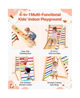 Indoor Playground Jungle Gym, 4-in-1 Wooden Indoor Playground Playset with Climbing Rock, Slide, Wooden Ladder & Gym Rings