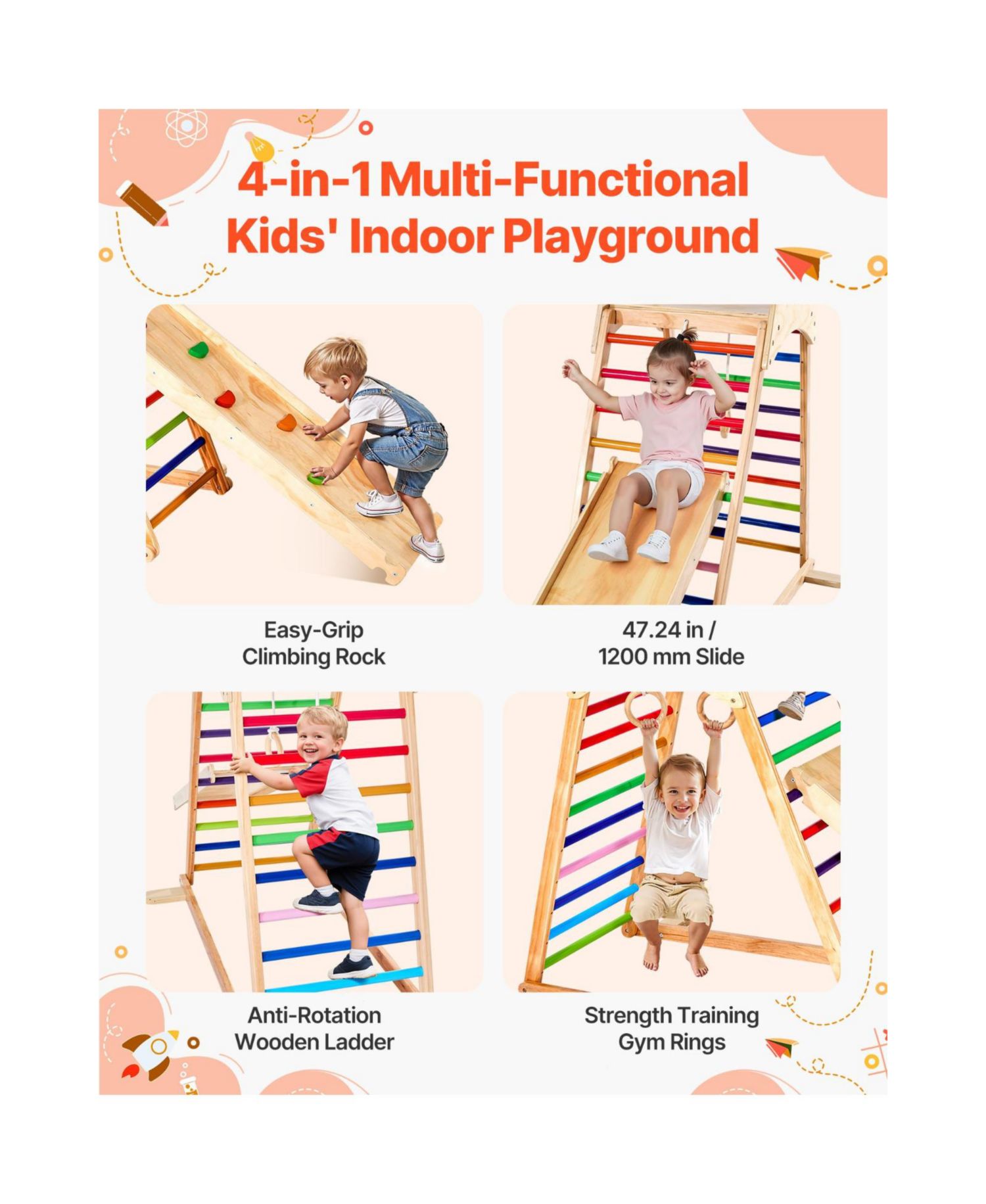 Ages 2-6 4-in-1 Wooden Indoor Jungle Gym