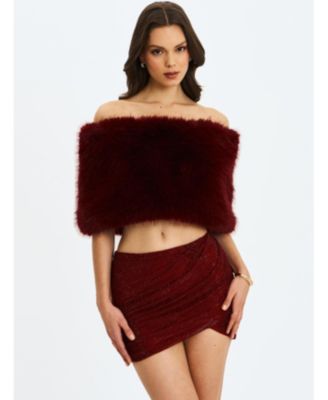 Women's Darla Burgundy Faux Fur Off-Shoulder Cropped Top
