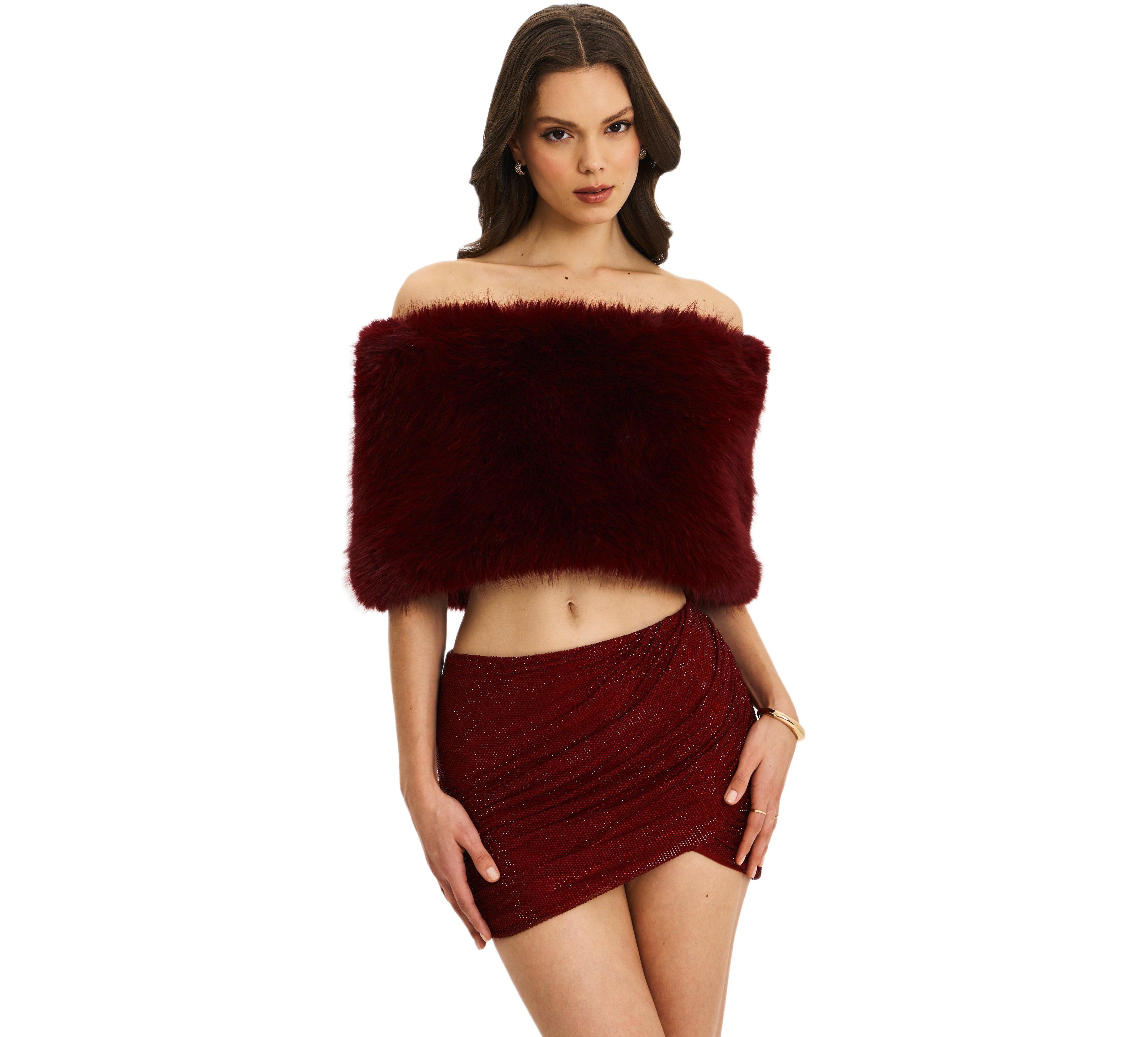 Miss Circle Women's Darla Burgundy Faux Fur Off-Shoulder Cropped Top