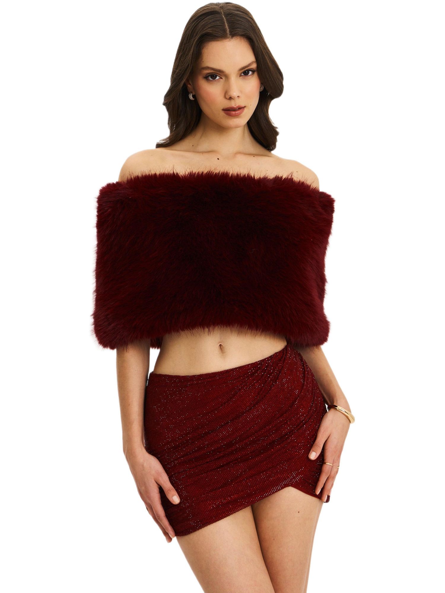 Women's Darla Burgundy Faux Fur Off-Shoulder Cropped Top