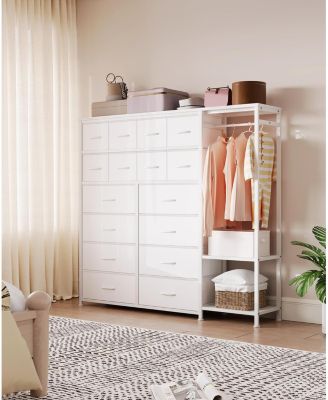 Tall Dresser for Bedroom, Fabric Dressers with 16 Drawers & Clothes Rack & 2 Storage Shelves, PU Closet Dresser with Hanging Space