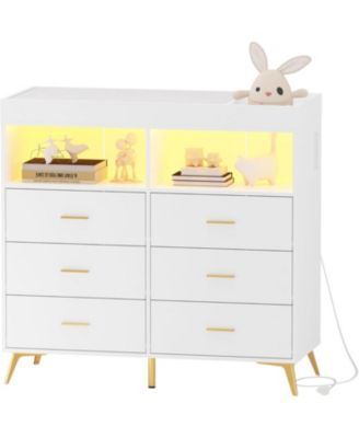 Dresser for Bedroom with 6 Drawers, Multi-Functional Nursery Dresser with LED Lights & Charging Station