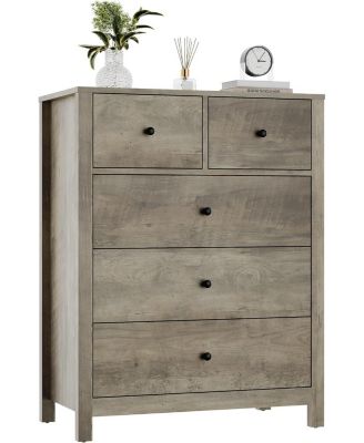 Grey 5-Drawer Modern Tall Wooden Dresser, Large Storage Chest for Bedroom