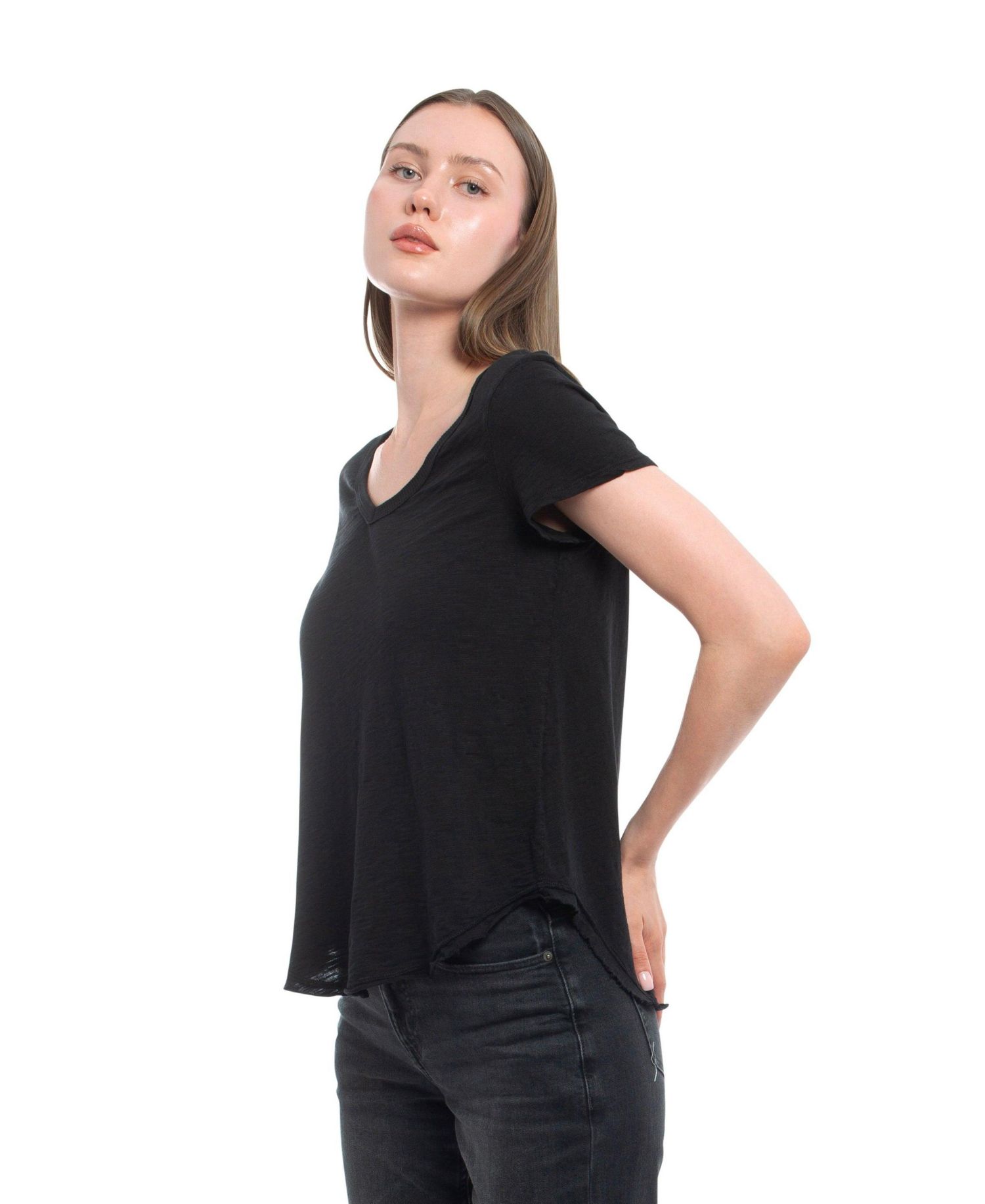 Women's Clothing Short Sleeve Shrunken V-Neck Shirttail Tee