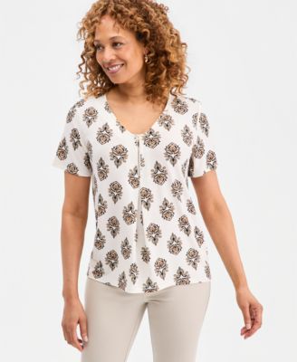 Women's V-Neck Front-Zip Pleated Top