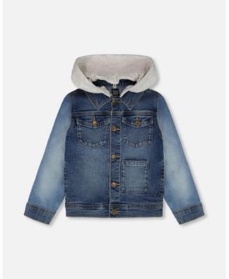 Boys Navy Blue Denim Jacket with Removable French Terry Hood