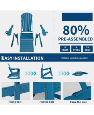 4-in-1 Folding Adirondack Rocker - Ottoman & Cup Holders, HDPE 380LBS 304 Steel, 80% Pre-Assembled (Grey, 1pc)
