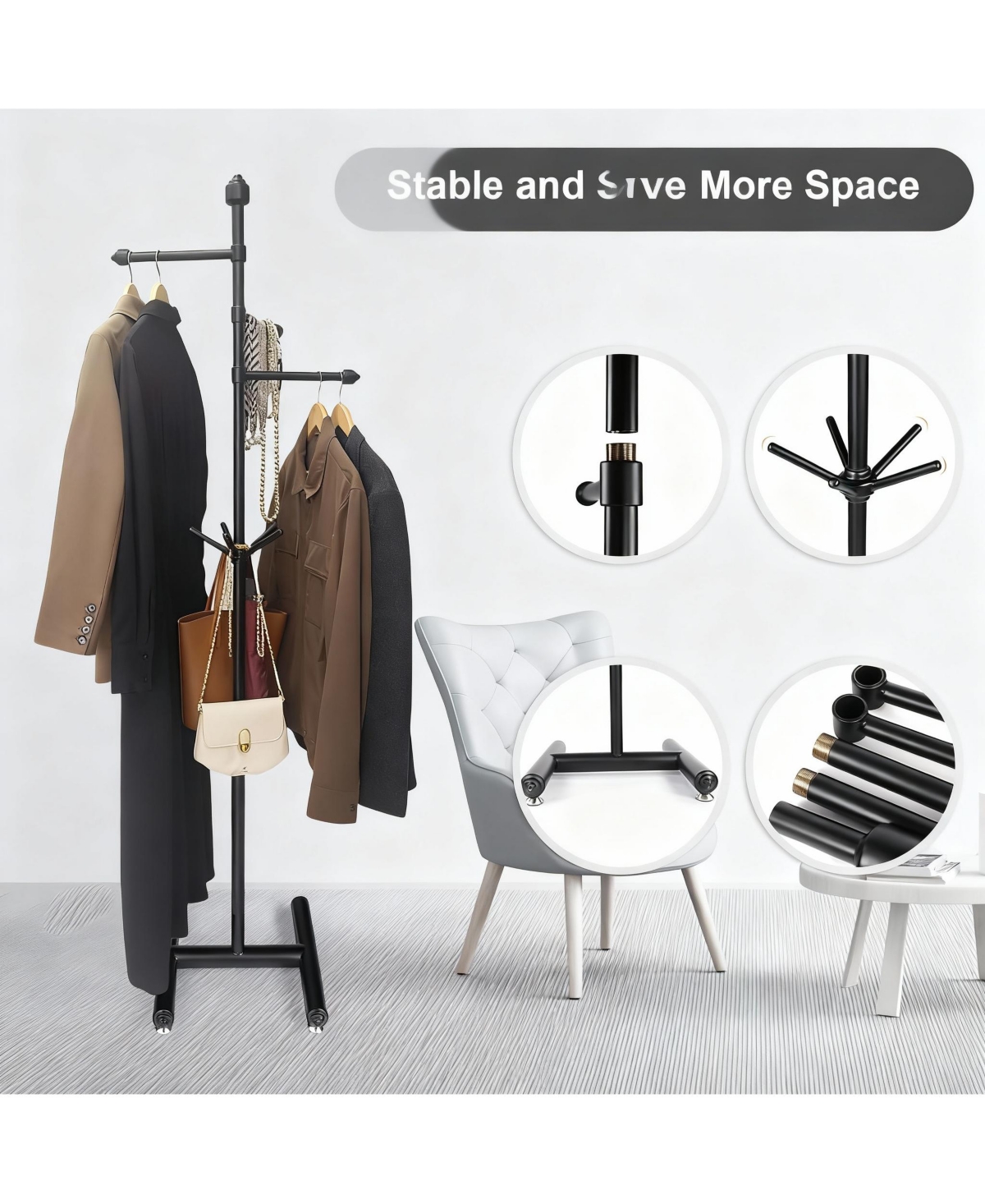 Yigii Heavy Duty Metal Coat Rack with 3 Arms and 5 Hooks for Various Spaces