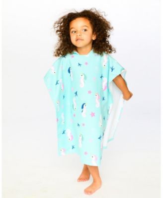 Girl Hooded Beach Towel Blue Seahorse Print