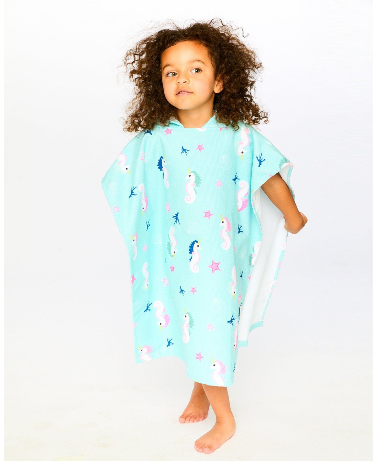 Deux par Deux Girl Hooded Beach Towel Blue Seahorse Print