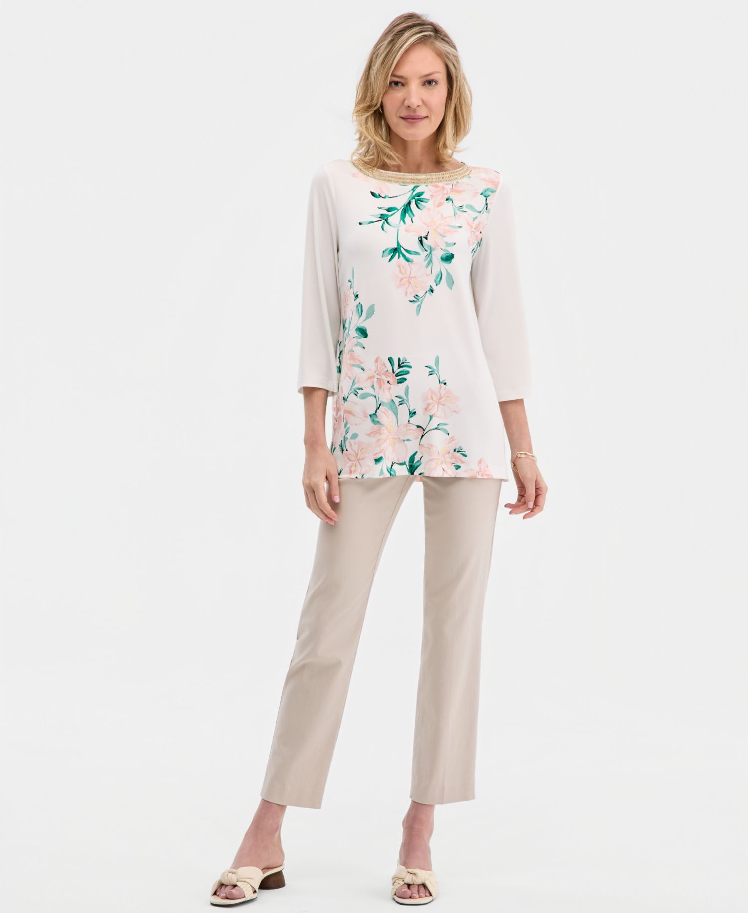 Women's Printed Embellished 3/4-Sleeve Boat-Neck Top