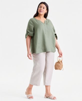 Plus Size Linen Solid Split-Neck Tie-Cuff Top