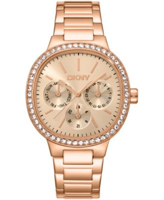 Women's Rose Gold Dial Crystal Bezel Red-Tone Stainless Steel Bracelet Multifunctional Watch, 36mm