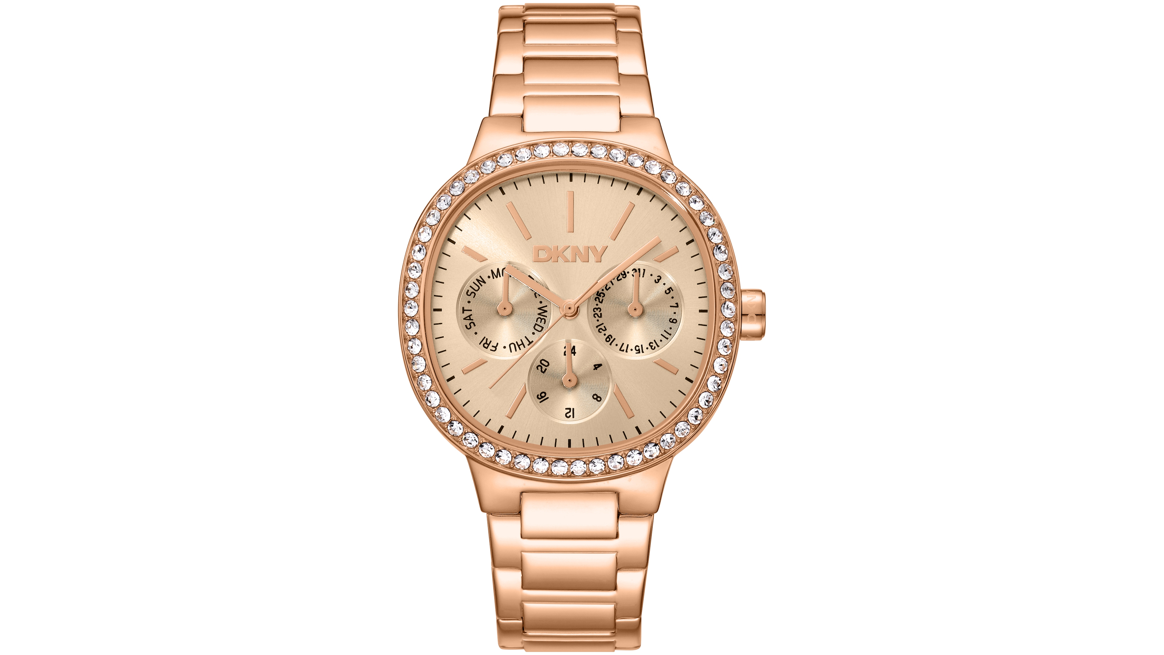 Dkny Women's Rose Gold Dial Crystal Bezel Red-Tone Stainless Steel Bracelet Multifunctional Watch, 36mm