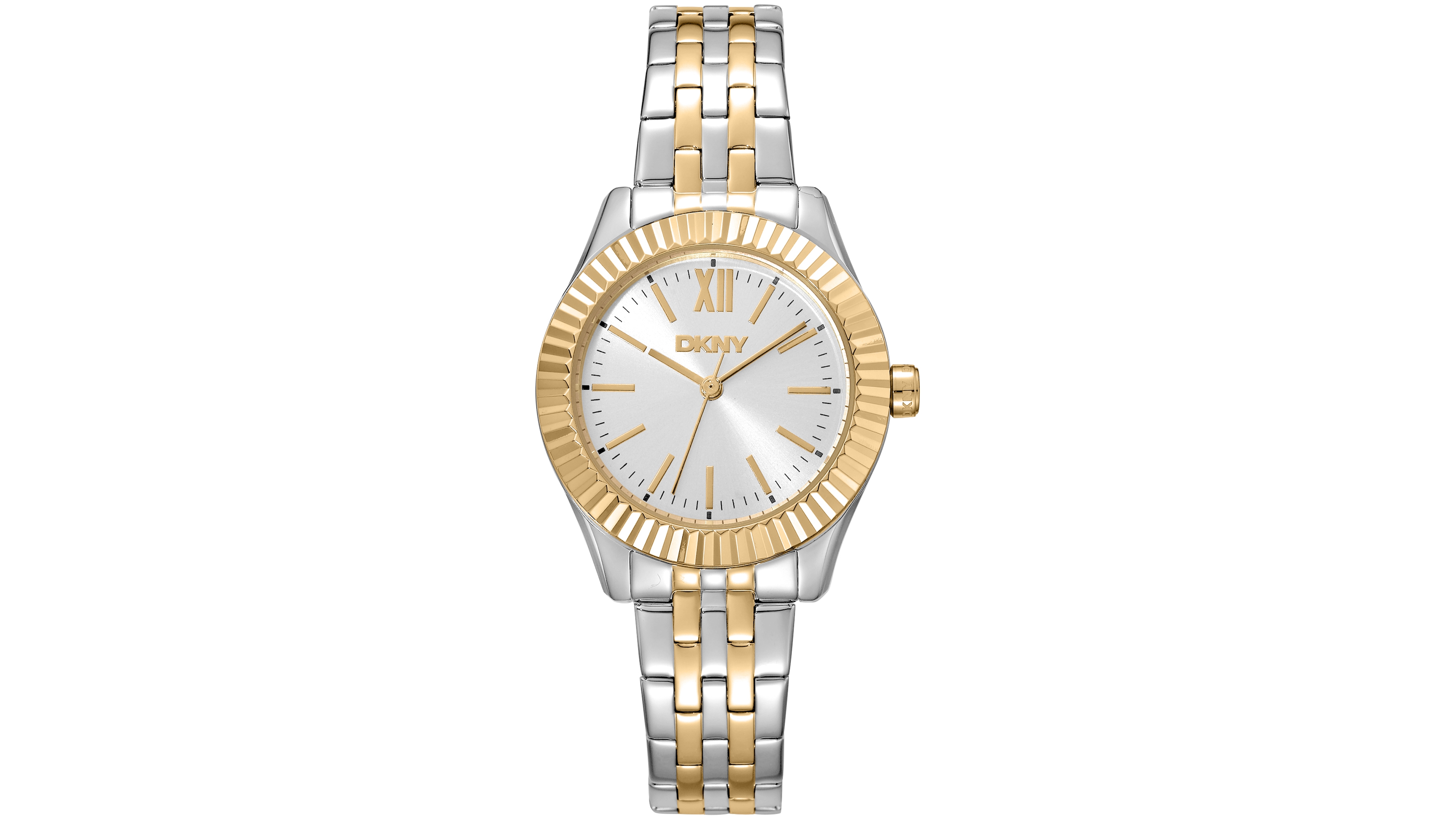 Dkny Women's Silver Dial Fluted Bezel Two-Tone Gold Stainless Steel Bracelet Watch, 30mm