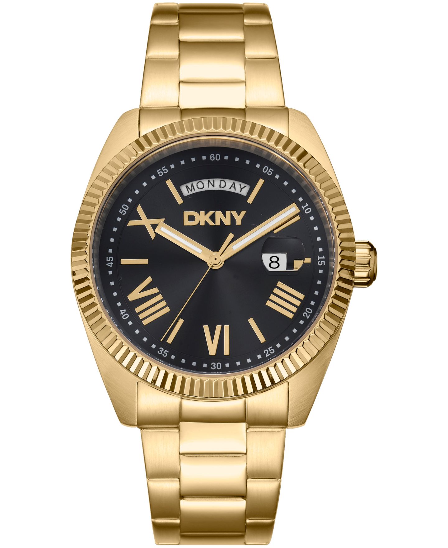 Мужские часы DKNY Day Date Black Dial Gold-Tone Stainless Steel Bracelet Watch, 41mm — фото 1