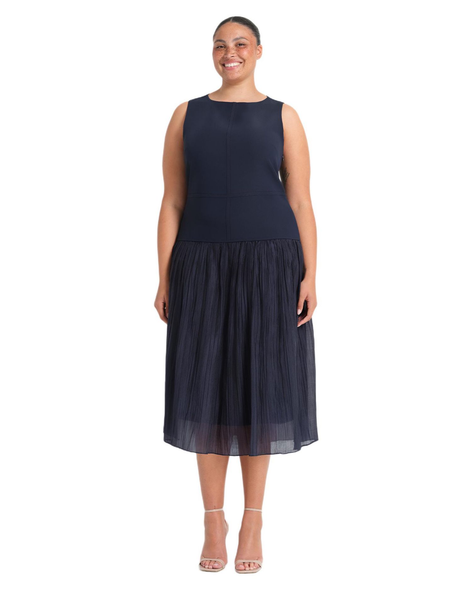 Plus Size Jaylee Pleated Drop Waist Sleeveless Midi Dress