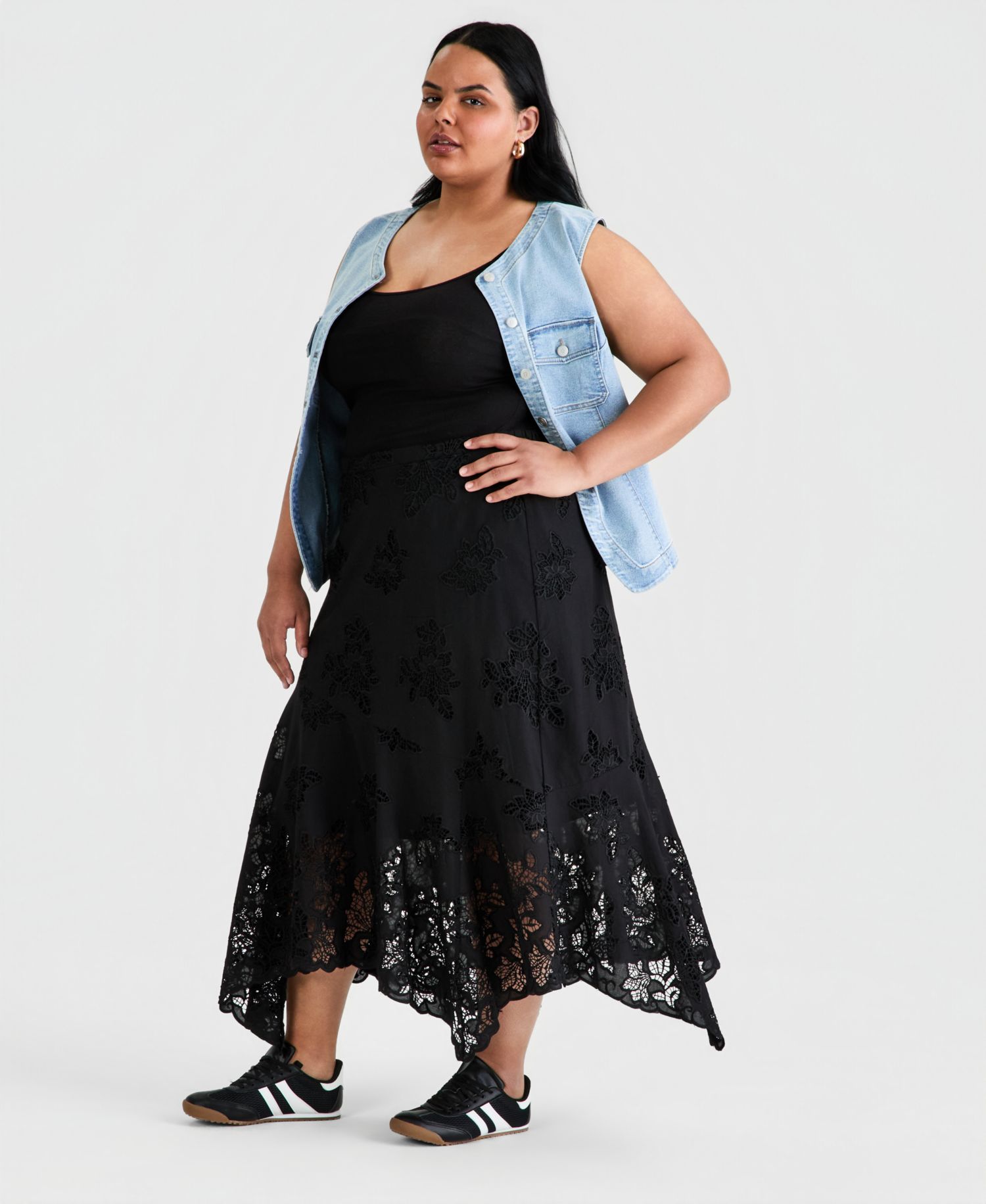 Petite Asymmetric Floral Cutwork Pull-On Skirt