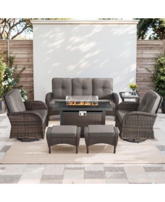 7-Piece Wicker Fire Pit Conversation Set with Olefin Cushions and Patio Swivel Chairs