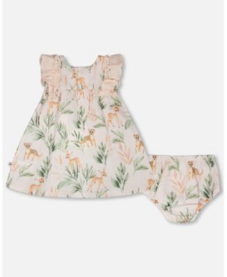 Baby Girls Muslin Dress and Bloomer Set Peach Deer Print