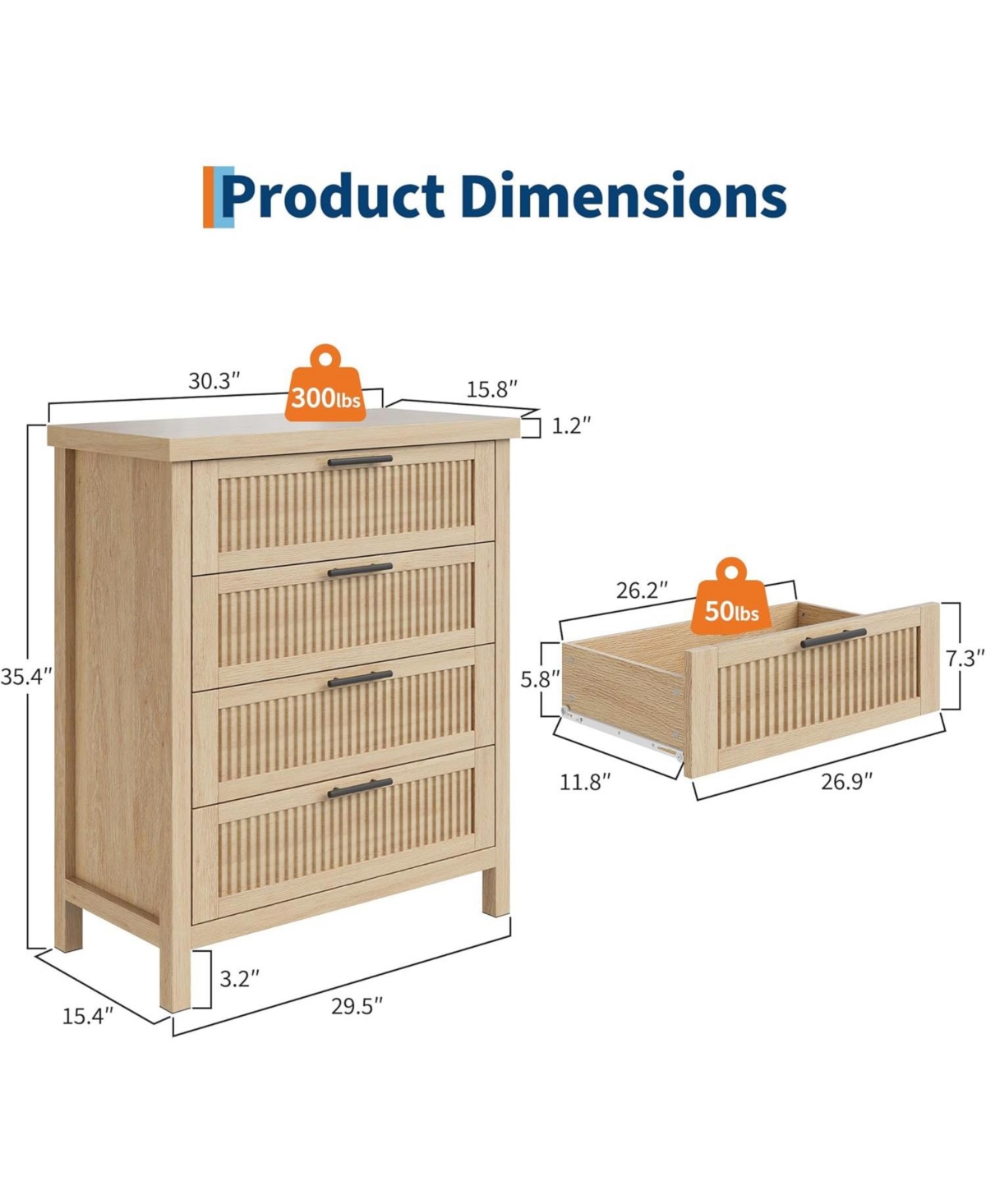 gaomon 4 Drawer Dresser, Oak Wooden Chest of Drawers with Metal Handles, Storage Cabinet for Bedroom Nursery Living Room Closet