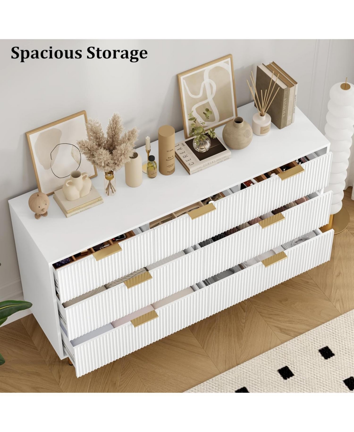 gaomon 7 Drawer Dresser, 55" Wide Fluted Dresser with Drawers, Modern Wooden Double Dressers Metal Handles for Living