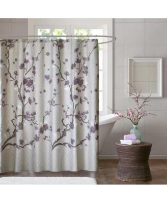 Cotton Shower Curtain with Purple Grey Beige Floral Blossom Pattern