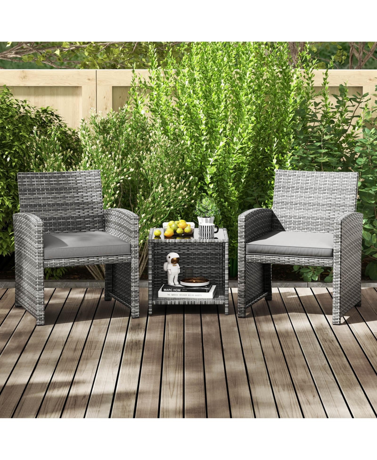 Costway 3 Pcs Patio Furniture Set with Tempered Glass Coffee Table & Soft Seat Cushions