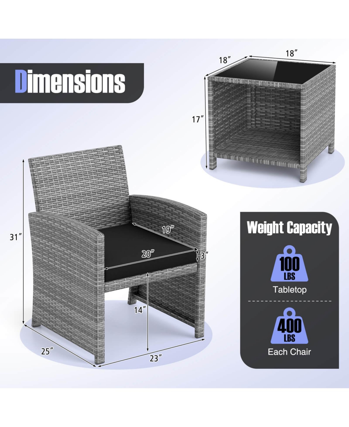 Costway 3 Pcs Patio Furniture Set with Tempered Glass Coffee Table & Soft Seat Cushions