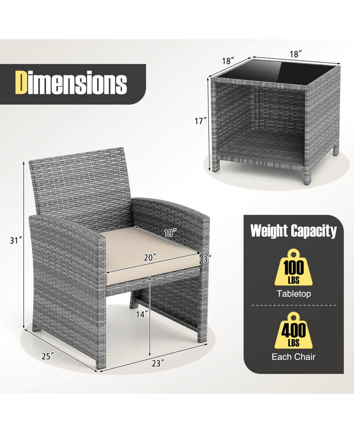 Costway 3 Pcs Patio Furniture Set with Tempered Glass Coffee Table & Soft Seat Cushions