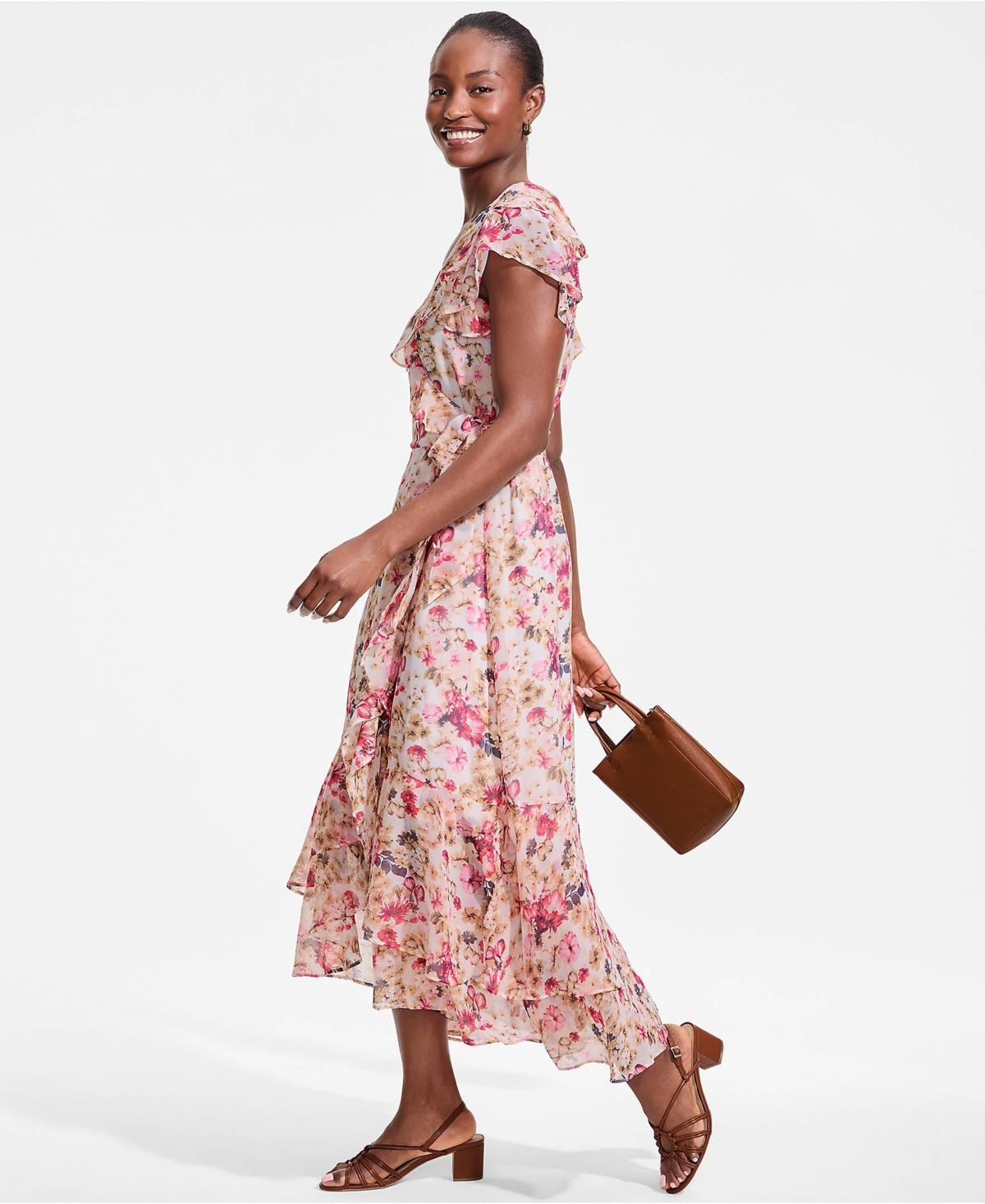 Lands' End Women's Chiffon Flutter Sleeve V-Neck Wrap Maxi Dress