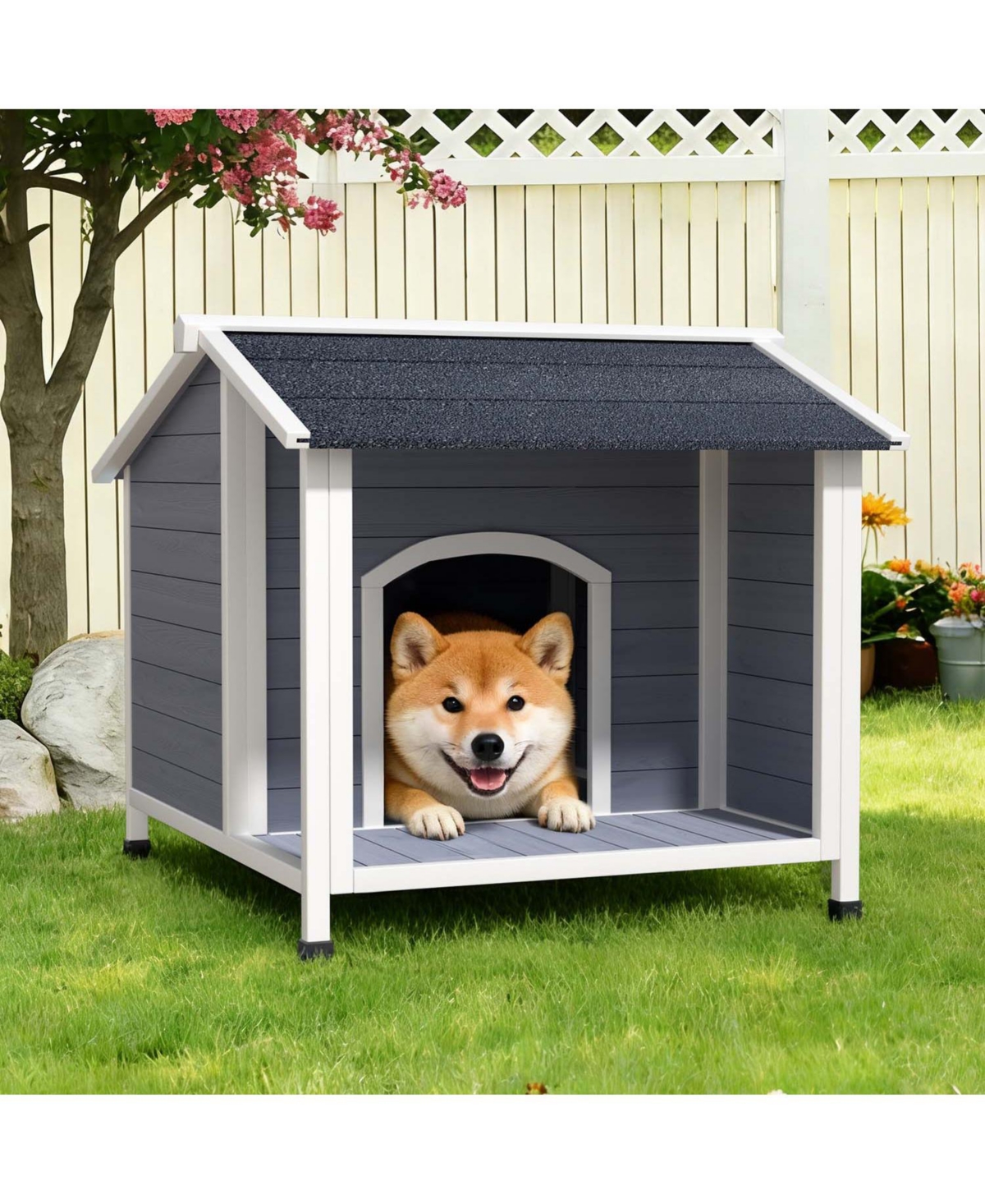 Aostirmotor Outdoor Dog House: Wooden Shelter with Asphalt Roof & Raised Floor, Easy Assembly