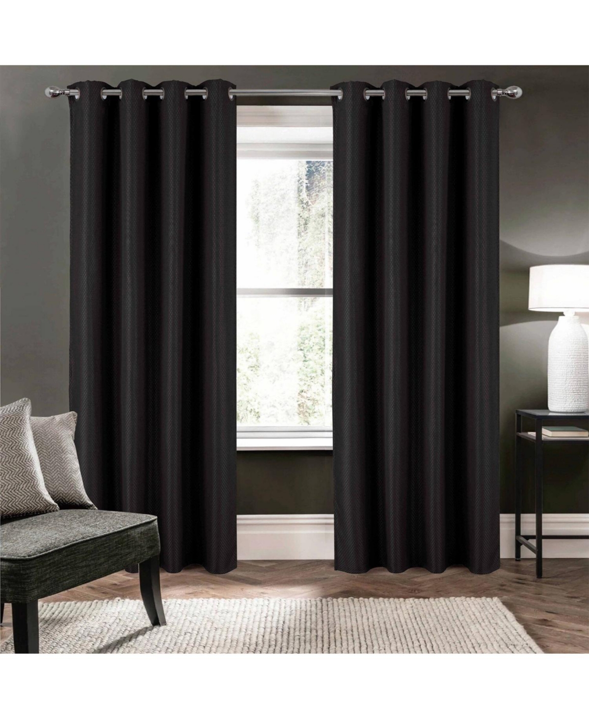 Olivia Gray 100% Polyester 250 Gsm Basket Weave Ian Luxury Jacquard Blackout Grommet Curtain Panel 54" x 90" Black