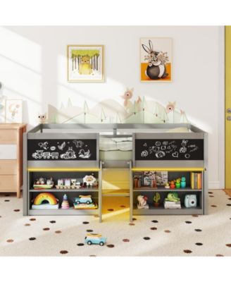 Kids Low Loft Bed with Bookcases and LED Cabin Design