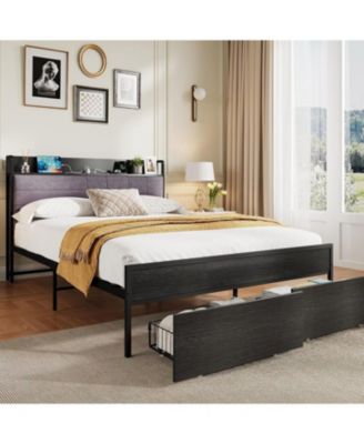 Full Bed Frame with Storage Drawers and Charging Station,Upholstered Headboard Bed with 2-Tier Storage Shelf, Metal Platform Bed Frame