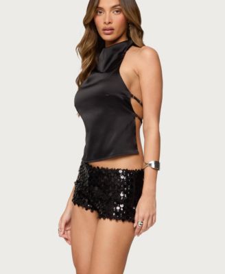 Women's Satin Effect Backless Cowl Neck Top