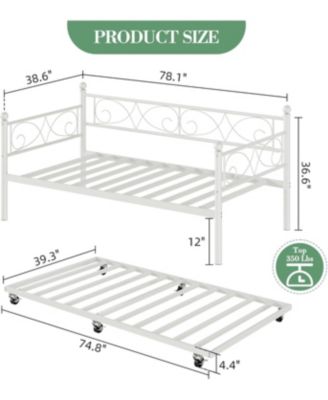 Twin Daybed with Trundle Bed, Space-Saving Metal Day Bed Frame with Floral Headboard and Heavy Duty Steel Slats
